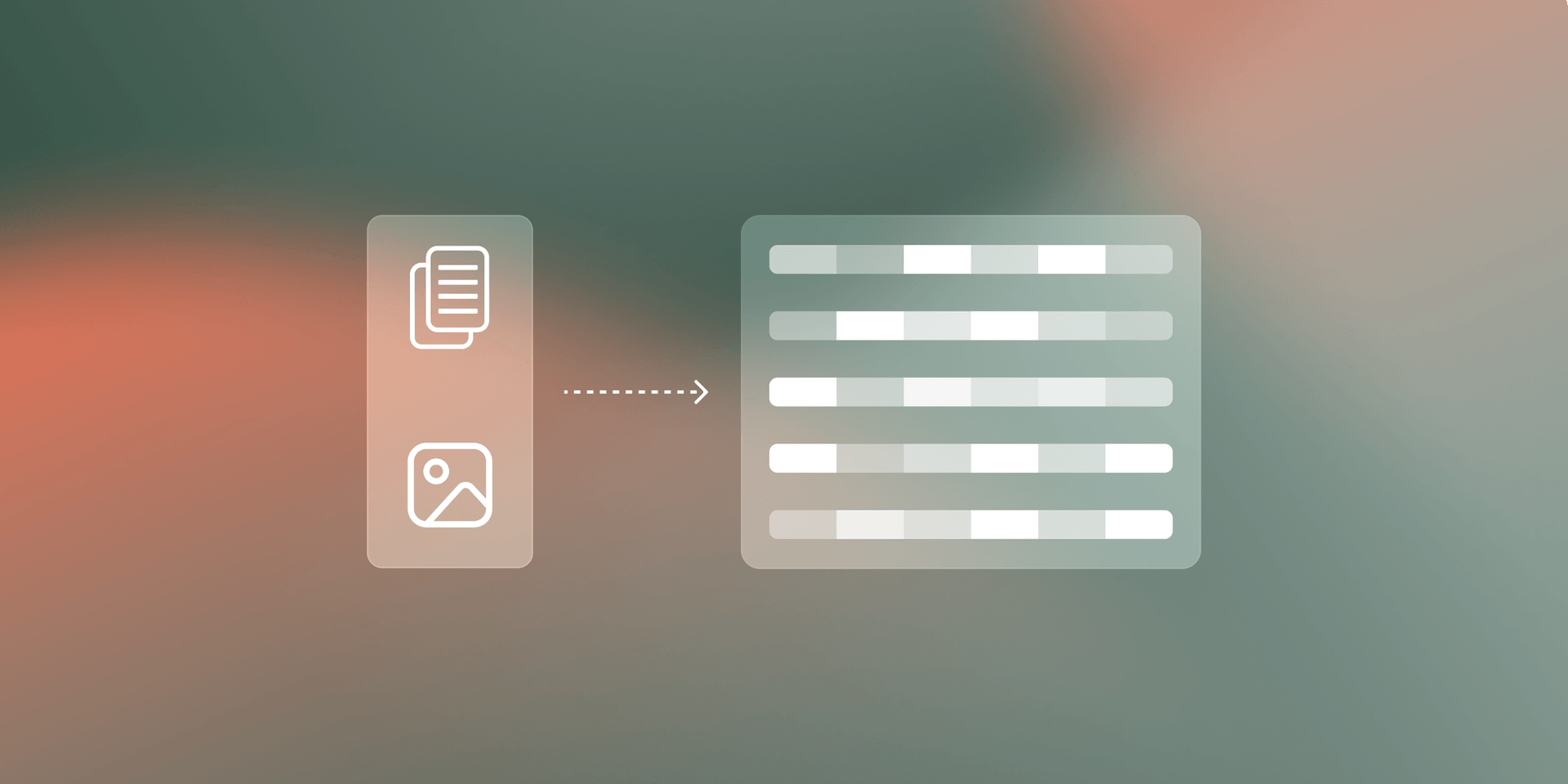 Symbols referencing text and images in a box on the left, with an arrow point to a another box on the right with barred lines