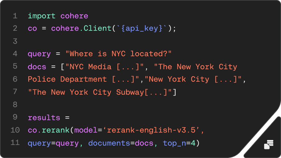Code sample that runs the Cohere API rerank endpoint with only a few lines