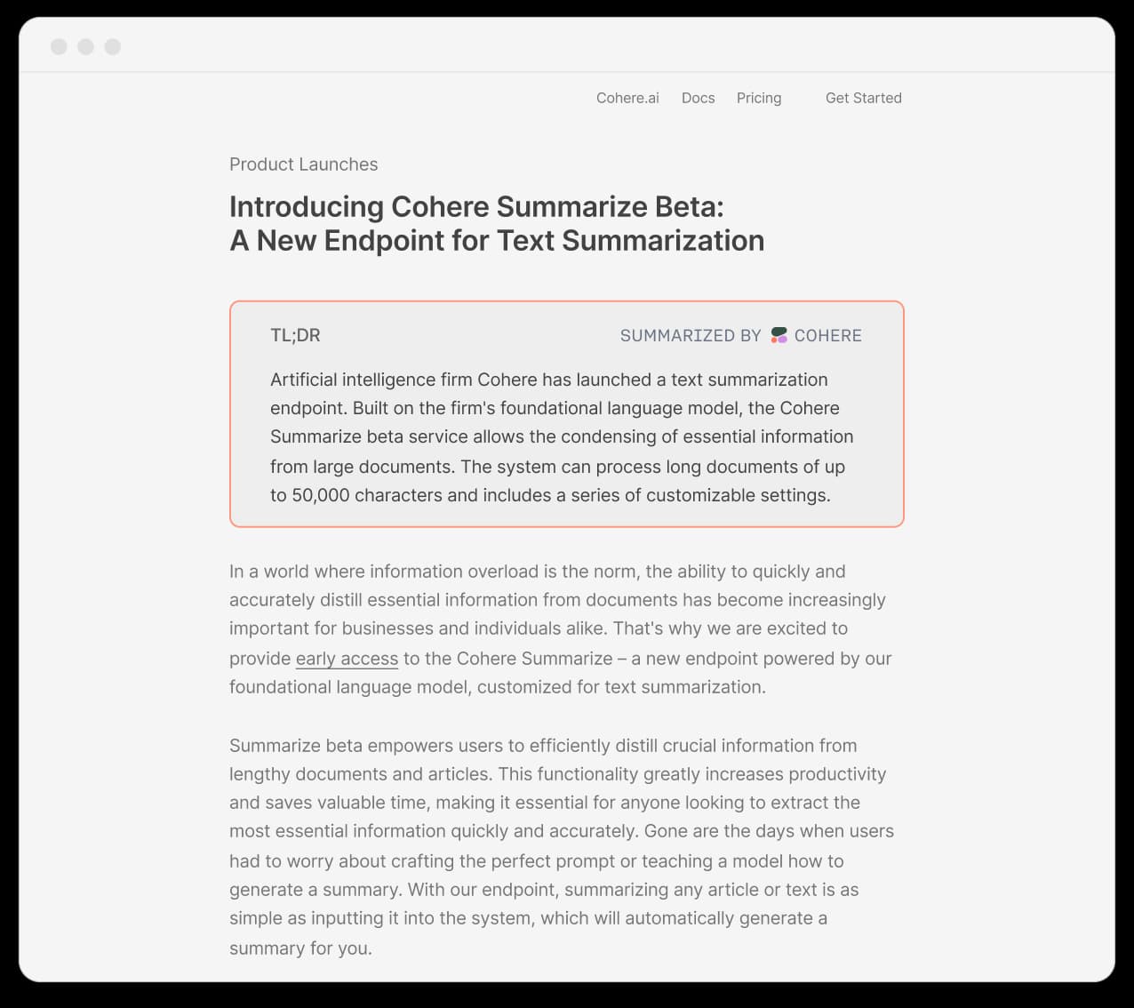 Using Cohere to summarize a web article